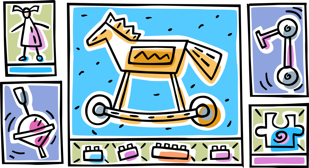 Vector Illustration of Child's Toy Horse with Spinning Top, Lego and Scooter
