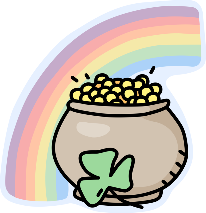 Vector Illustration of St Patrick's Day Pot of Gold with Shamrock and Rainbow