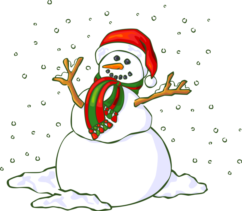 Vector Illustration of Snowman Anthropomorphic Snow Sculpture with Santa Hat and Carrot Nose in Snowstorm