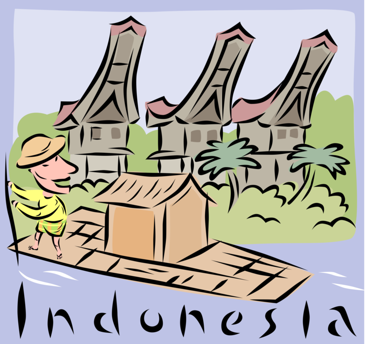 Vector Illustration of Indonesia Tongkonan Traditional House Architecture with Boat