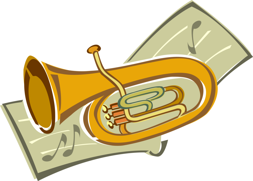 Vector Illustration of Tuba Large Brass Low-Pitched Musical Instrument Serves as Bass in Orchestra with Music Sheet