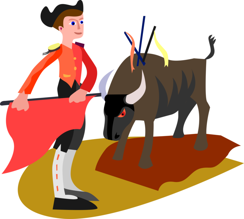 Vector Illustration of Spanish Matador Toreador Bullfighter with Charging Bull in Bullring Arena, Spain
