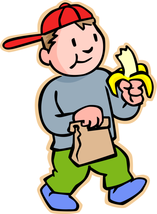 Vector Illustration of Primary or Elementary School Student Boy Eats Banana While Walking to School