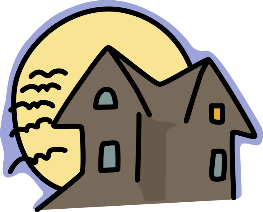 Vector Illustration of Halloween Haunted House with Moon and Bats