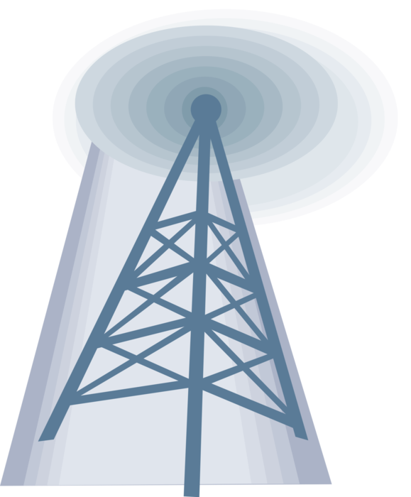 Vector Illustration of Communications Transmission Tower Transmits Signals
