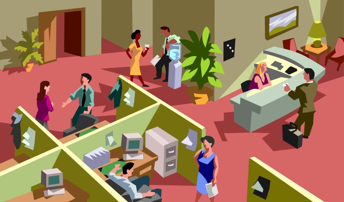 Vector Illustration of Busy Office Workplace with Engaged Employee Office Workers Interacting