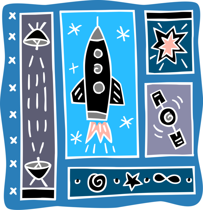 Vector Illustration of Spacecraft Spaceship Rocketship with Stars and Space Satellites