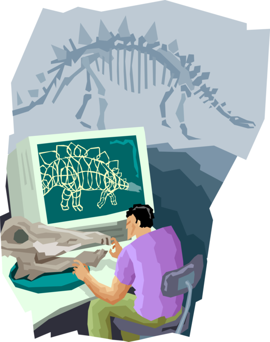 Vector Illustration of Archeologist Archaeologist Studies Dinosaur Fossil Bones