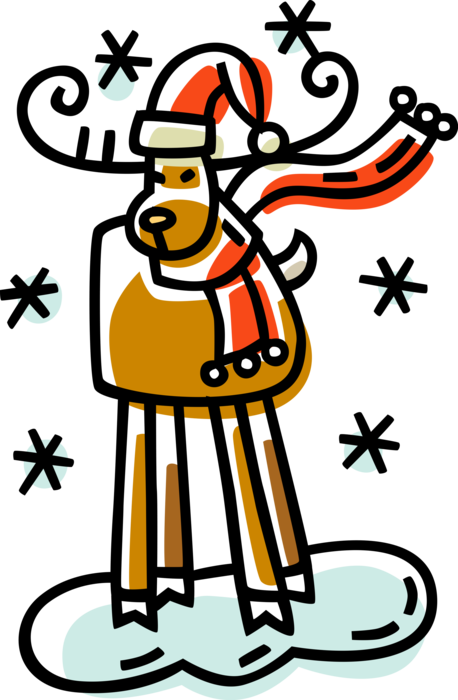 Vector Illustration of Festive Season Christmas Reindeer with Hat and Scarf with Snow Falling