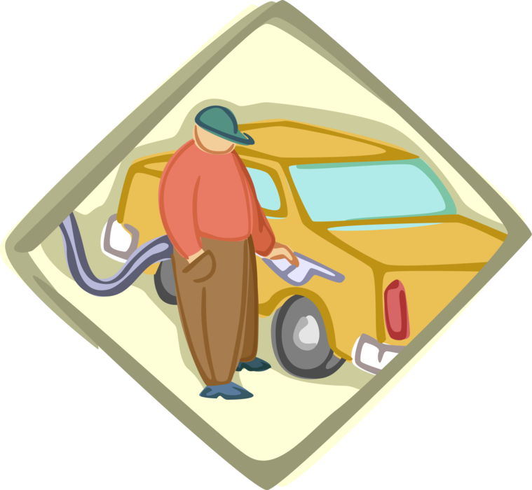 Vector Illustration of Gas Station Attendant Fills Automobile Car with Fossil Fuel Gasoline Petroleum