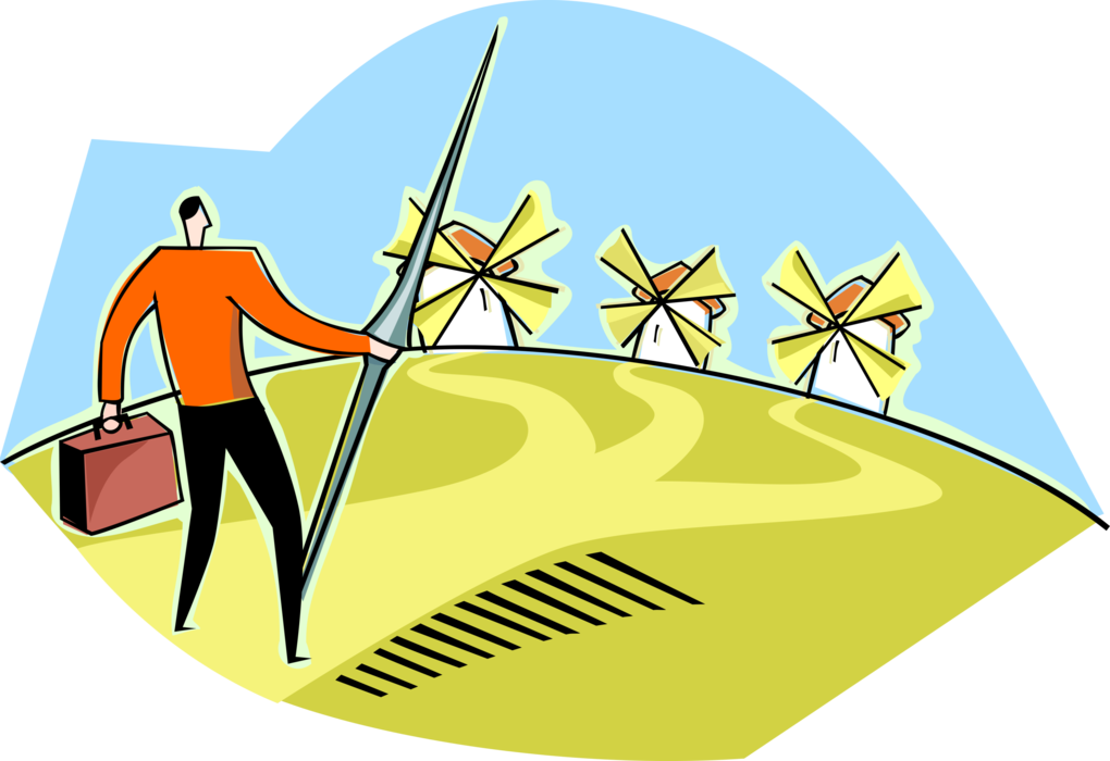 Vector Illustration of Businessman Don Quixote Jousting Lance Tilting at Windmills