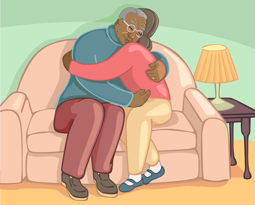 Vector Illustration of Retired Elderly Couple Embrace and Hug on Loveseat Couch in Home Living Room