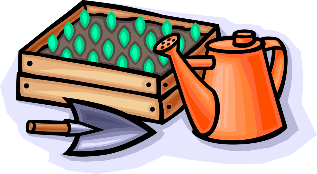 Vector Illustration of Watering Can with Plant Seedlings and Trowel Shovel for Planting in Garden