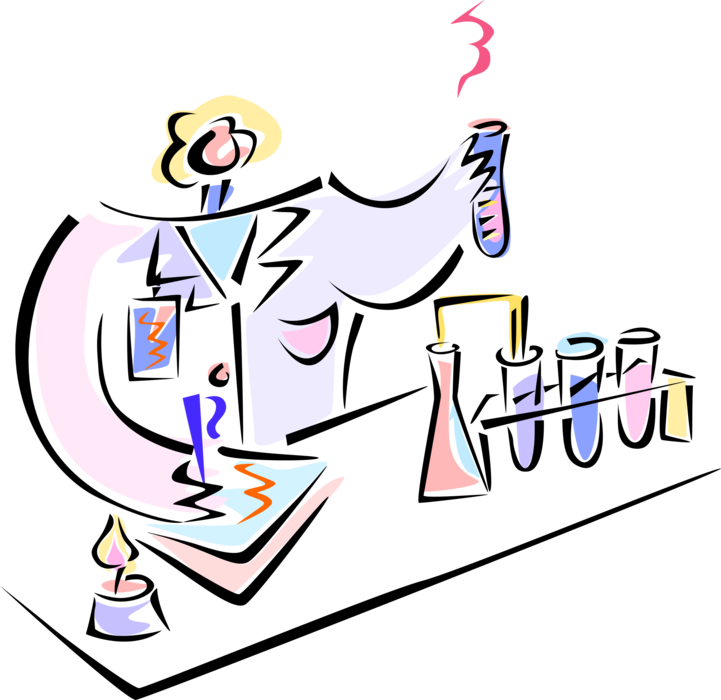 Vector Illustration of Laboratory Chemist with Science Glassware Flasks and Test Tubes