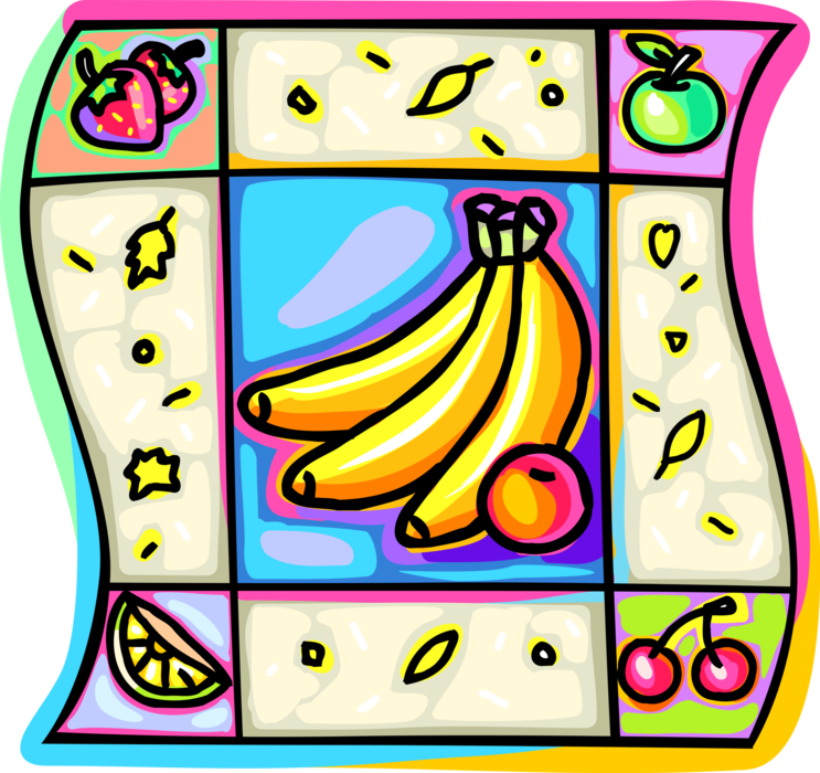 Vector Illustration of Fruit Bananas, Strawberries, Fruit Cherries, Apple, and Lemon