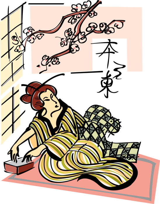 Vector Illustration of Japanese Courtesan Geisha Hostess in Traditional Garment Kimono Dress with Cherry Blossoms