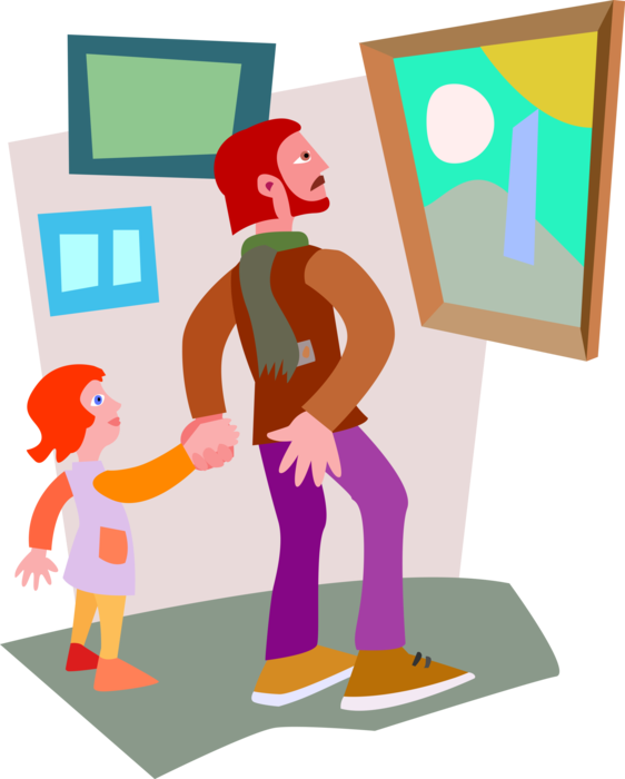 Vector Illustration of Father and Child Admiring Painting in Gallery