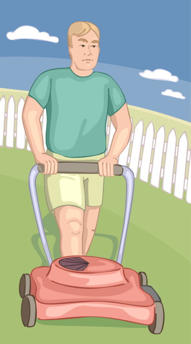 Vector Illustration of Yard Work Lawn Mower Cutting the Grass with Picket Fence