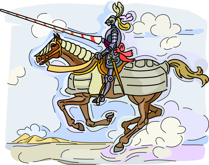 Vector Illustration of Medieval Knight in Armor with Jousting Lance on Horseback