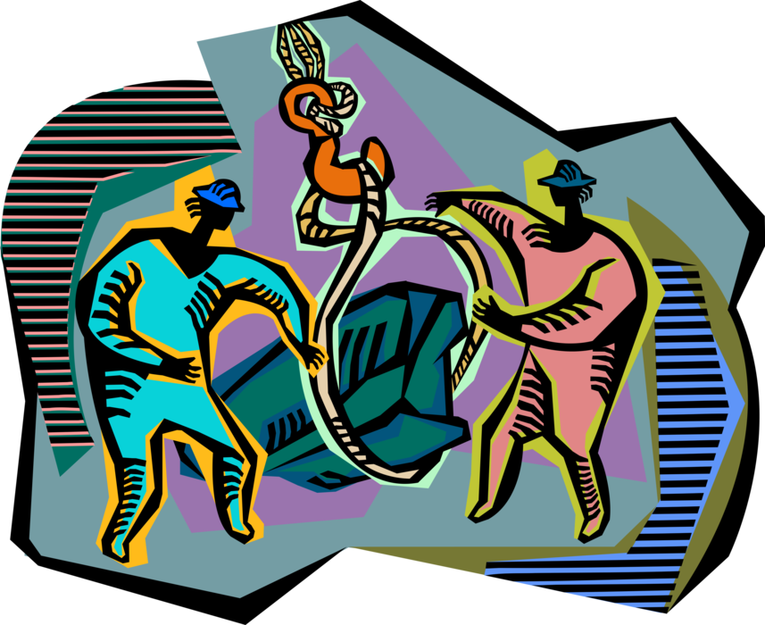 Vector Illustration of Construction Workers Hoist Large Steel Beams with Crane Hook