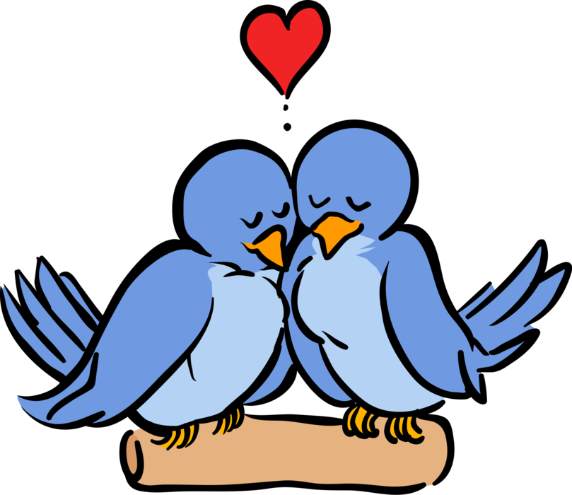 Vector Illustration of Love Birds with Love Hearts Snuggle on Branch