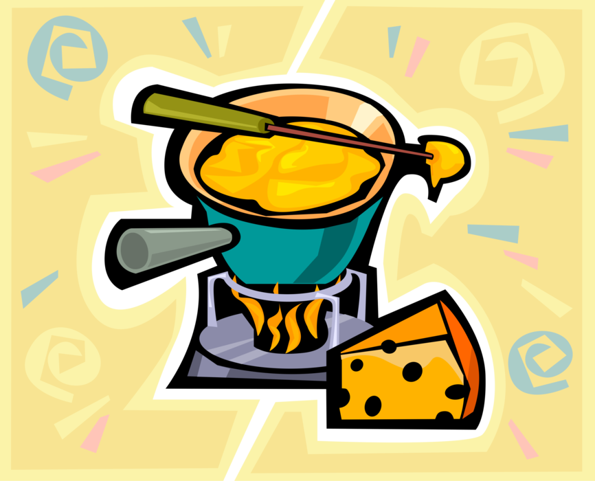 Vector Illustration of Fondue of Melted Cheese Served in Communal Fondue Pot or Caquelon