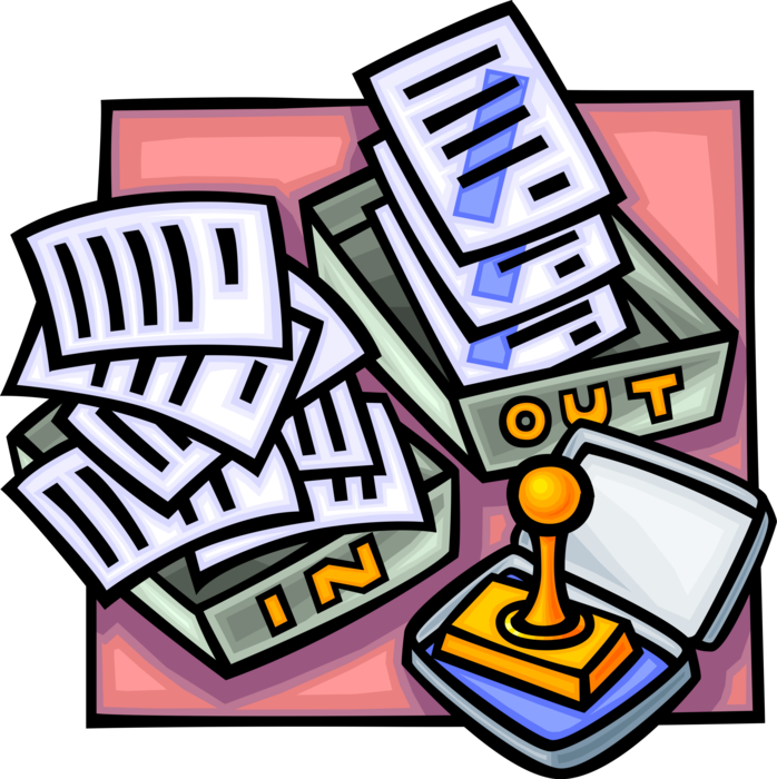 Vector Illustration of Office Message Boxes with Documents and Rubber Stamp
