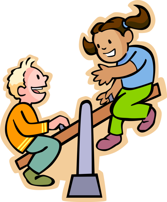 Vector Illustration of Primary or Elementary School Student Boy and Girl on Teeter Totter in Playground