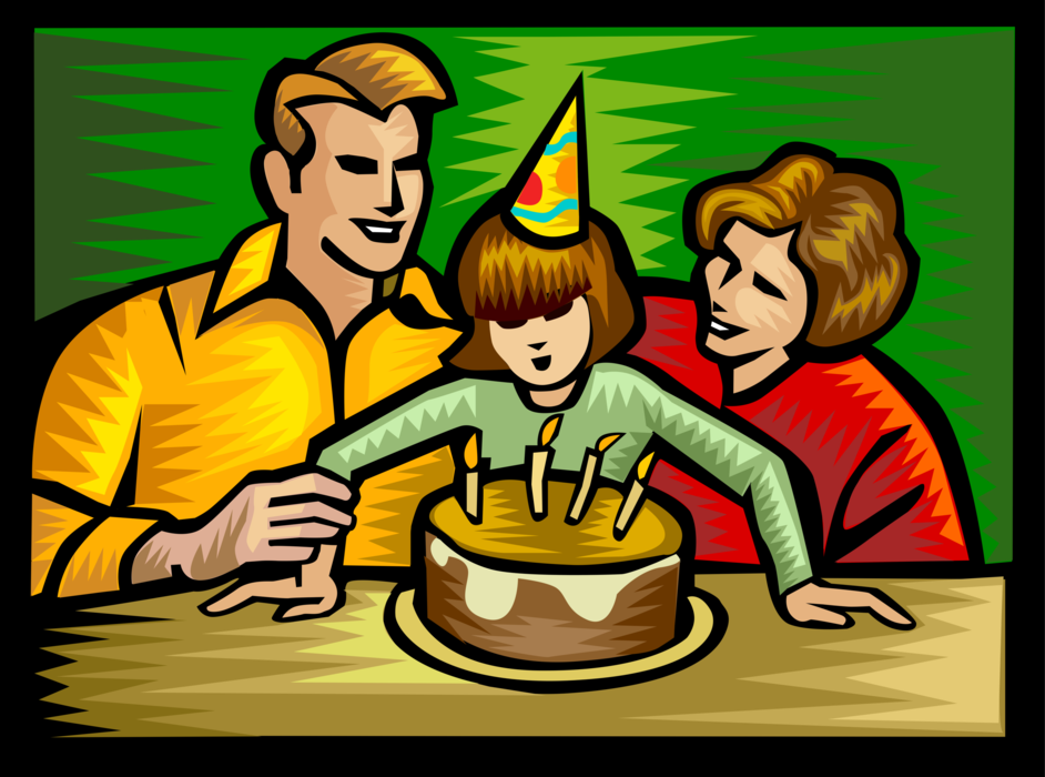 Vector Illustration of Child Blows Out Candles on Birthday Cake with Parents Celebrating