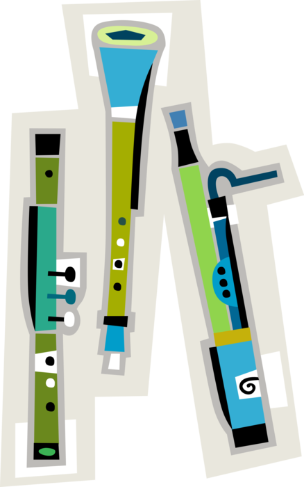 Vector Illustration of Clarinet Woodwind Instrument with Bassoon and Flute Musical Instruments