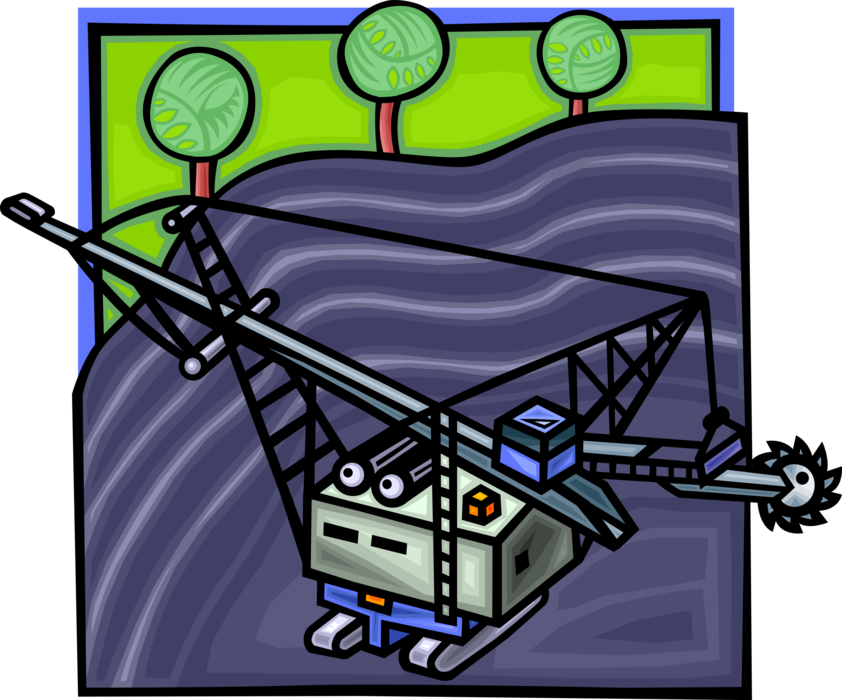 Vector Illustration of Open Pit Strip Mining Excavator Equipment Destroying the Natural Environment