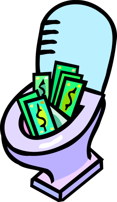 Vector Illustration of Flushing Cash Money Dollar Bills Down the Toilet
