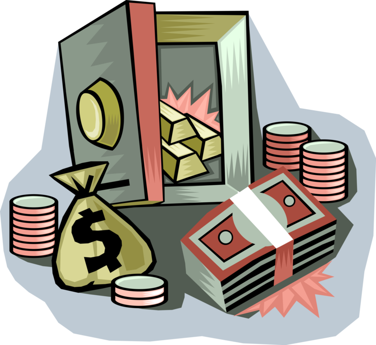 Vector Illustration of Financial Institution Bank Vault with Gold Precious Metal Bullion, Cash Money Dollars and Coin Currency