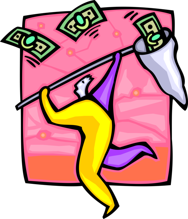 Vector Illustration of Businessman Chasing Money Dollar Bills with Butterfly Net