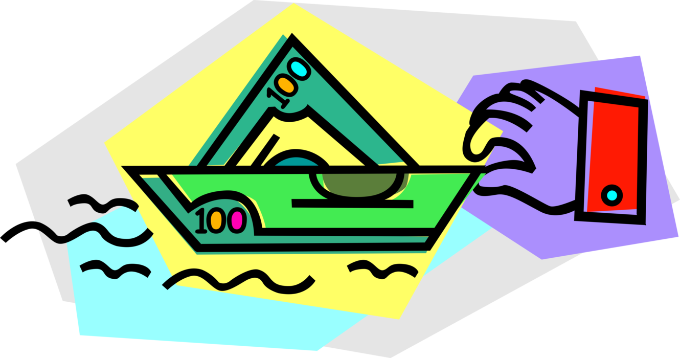 Vector Illustration of Hand Launches Paper Cash Money Currency Boat on Water