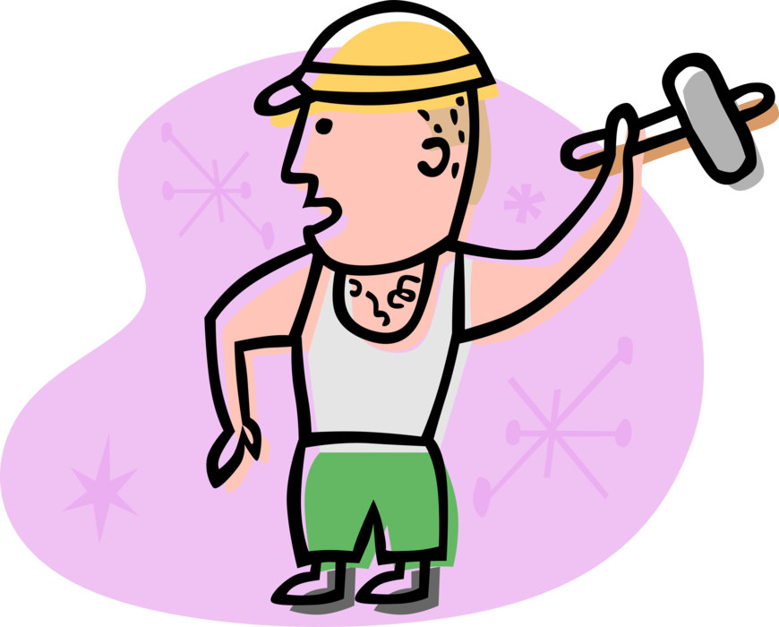 Vector Illustration of Construction Worker with Sledgehammer on Work Site