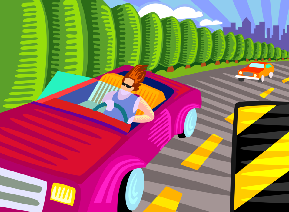 Vector Illustration of Motorist Driver Driving Convertible Automobile Motor Vehicle on Highway Road