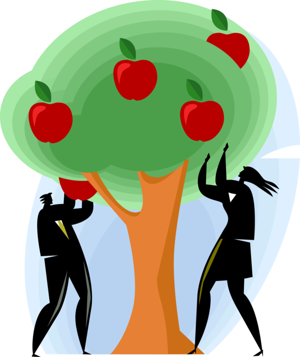Vector Illustration of Businessman and Woman Picking Apples from Apple Tree in Orchard