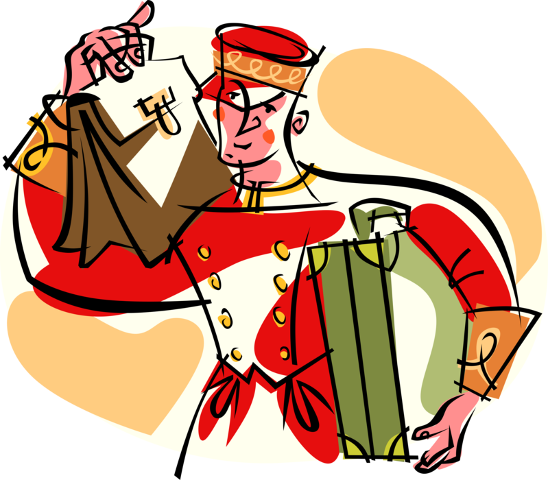 Vector Illustration of Hospitality Industry Hotel Concierge Bell Hop Attendant Carries Guest Luggage