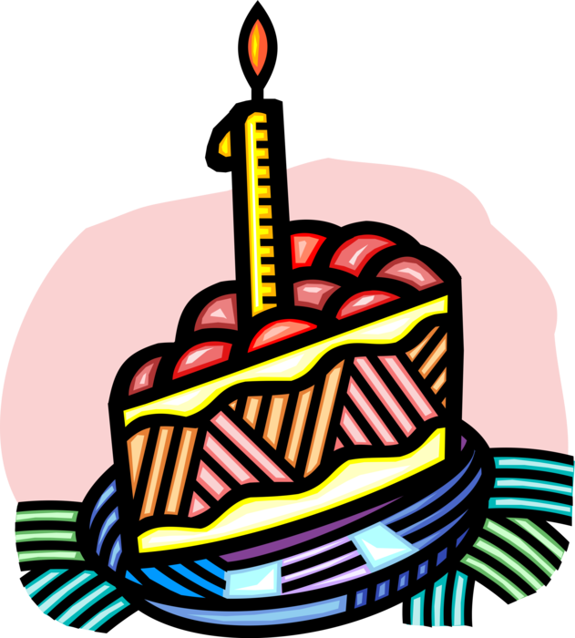 Vector Illustration of Piece of Birthday Cake with Lit Candle