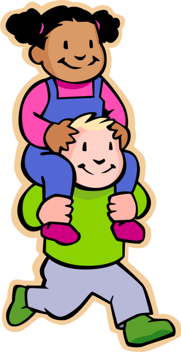 Vector Illustration of Primary or Elementary School Student Boy with Girl on His Shoulders