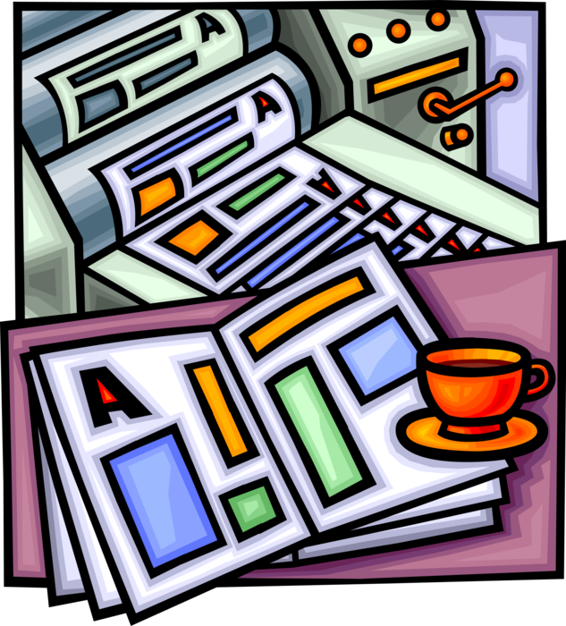 Vector Illustration of Rotary Offset Lithographic Printing Press with Proofs and Coffee