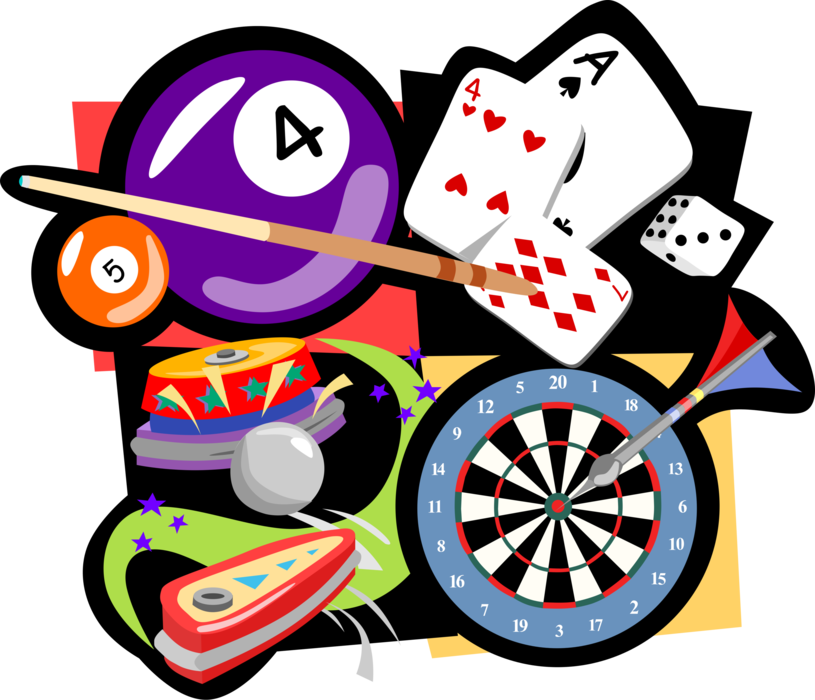 Vector Illustration of Gaming Pocket Billiards Pool, Darts, Playing Cards, Pinball