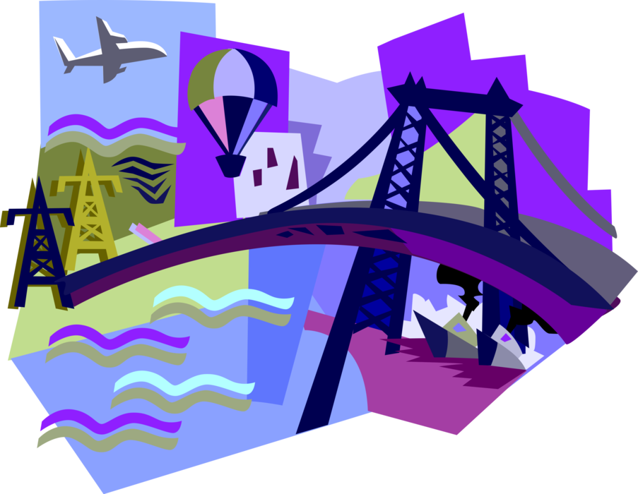 Vector Illustration of Means of Transportation with Bridge, Jet Airplane, Ship and Hot Air Balloon 