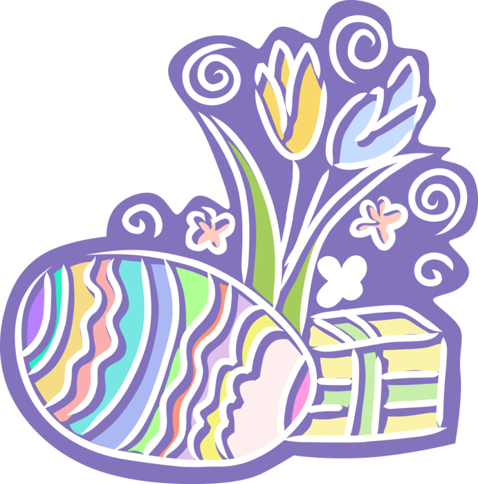 Vector Illustration of Colorful Decorated Easter or Paschal Egg with Easter Tulip Bulbous Plant Flowers