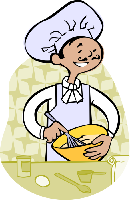 Vector Illustration of Culinary Cuisine Restaurant Chef in Kitchen with Mixing Bowl and Whisk Makes Cake