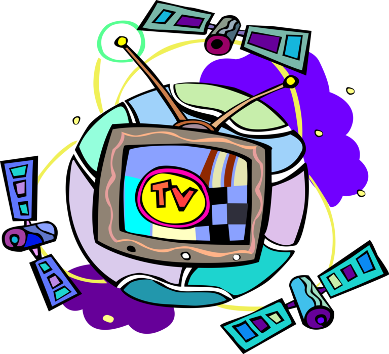 Vector Illustration of Television Broadcast with Satellite Telecommunications 