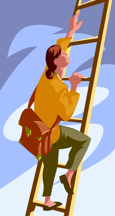 Vector Illustration of Woman Climbing Up Corporate Ladder
