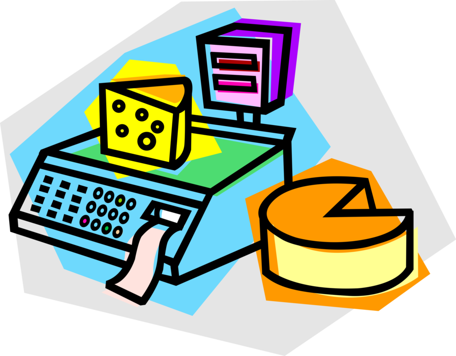 Vector Illustration of Block of Dairy Cheese on Supermarket Grocery Store Weigh Scale