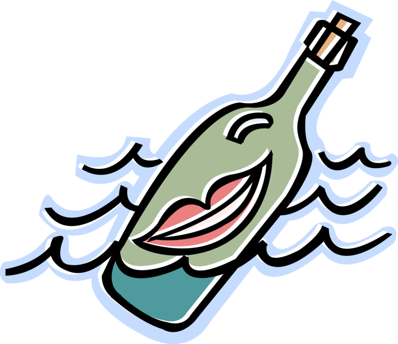 Vector Illustration of Message in Bottle Communication with Lips on Ocean Waves